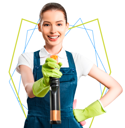 Cheerful Cleaner in overalls standing with hand on